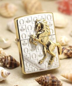 Zippo ốp hình ngựa mạ vàng, nền họa tiết caro mạ bạc ZBT-5-3E
