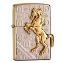Zippo ốp hình ngựa mạ vàng, nền họa tiết caro mạ bạc ZA-5-3E