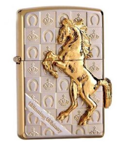 Zippo ốp hình ngựa mạ vàng, nền họa tiết caro mạ bạc ZA-5-3E