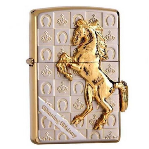 Zippo ốp hình ngựa mạ vàng, nền họa tiết caro mạ bạc ZA-5-3E