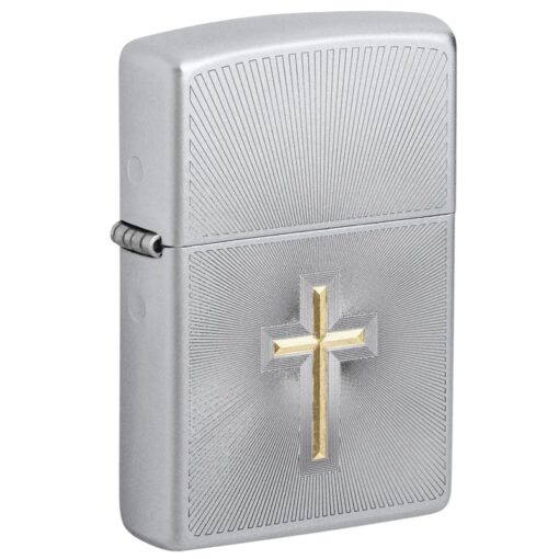 Zippo Satin Chrome Auto Two Tone Cross Design - 48581