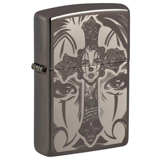 Zippo Day of the Dead Skull Cross Design Black Ice - 48411