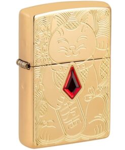 Zippo Armor Lucky Cat Design Crystal Attached High Polish Brass - 49802