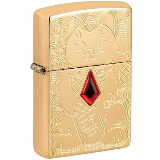 Zippo Armor Lucky Cat Design Crystal Attached High Polish Brass - 49802
