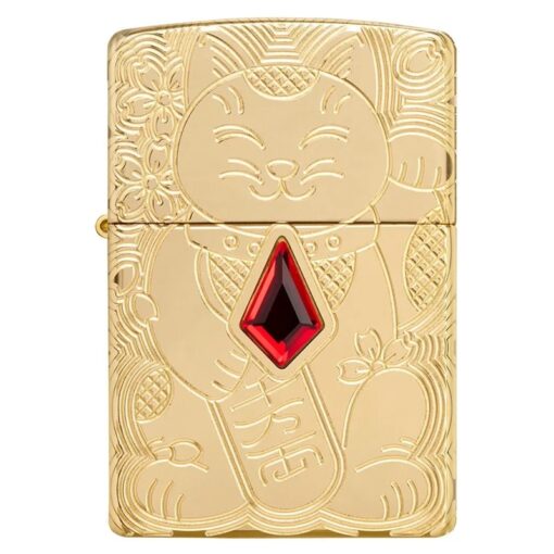 Zippo Armor Lucky Cat Design Crystal Attached High Polish Brass - 49802 - Hình ảnh 3