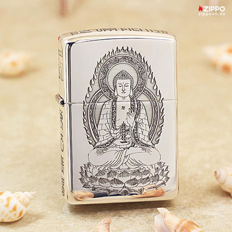 Zippo Bạc Nguyên Khối Khắc Phật Như Lai - STL01