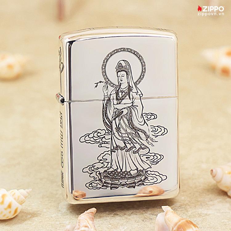 Zippo Bạc Nguyên Khối Khắc Quán Thế Âm Bồ Tát - STL02
